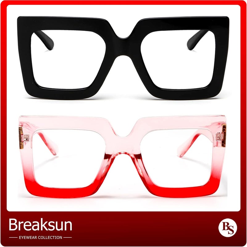 Breaksun Oversized Blue Light Glasses for Women Fashion Thick Square Computer Eyewear Non-Prescription Black Glasses (New Black+ Pink Red) - Image 3
